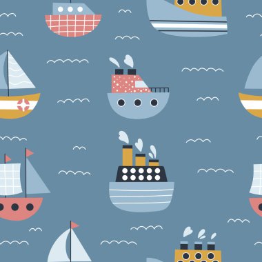 Mavi arka planda el çizimi gemiler, yelkenliler ve tekneler olan çocuksu, pürüzsüz bir model. Ulaşım aracı. Deniz vektör illüstrasyonu.
