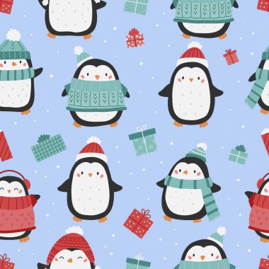 Şirin penguenler ve hediyelerle kusursuz bir Noel deseni. Kawaii çizgi film kuşları. Yeni yılın kutlu olsun. Kalın elbiseli penguenler. Kış vektör illüstrasyonu.