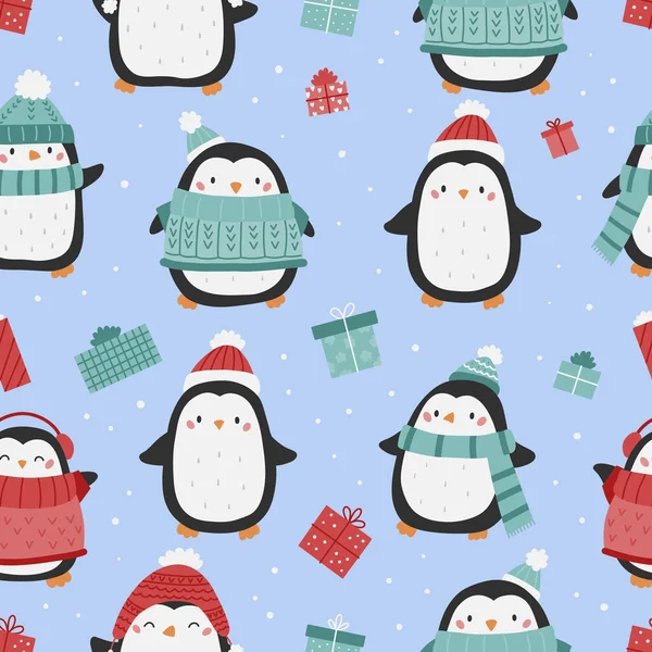 かわいいペンギンやプレゼントとクリスマスシームレスなパターン かわいい漫画の鳥 新年明けましておめでとうございます 暖かい服のペンギン 冬のベクターイラスト — ストックベクタ