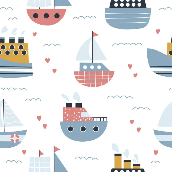 Childish Seamless Pattern Ships Sailboats Yachts Hearts White Background Hand — Stock Vector