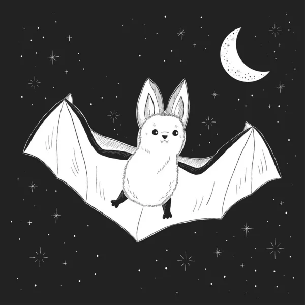Halloween Sketch Bat Black Background Hand Drawn Cartoon Animal Night — Stock Vector