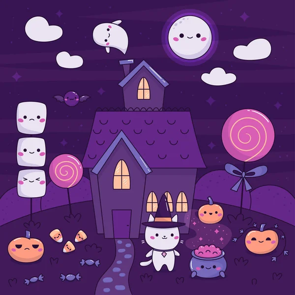 Ночной Пейзаж Хэллоуина Домом Привидениями Симпатичный Кот Кавайи Колпаке Ведьмы — стоковый вектор