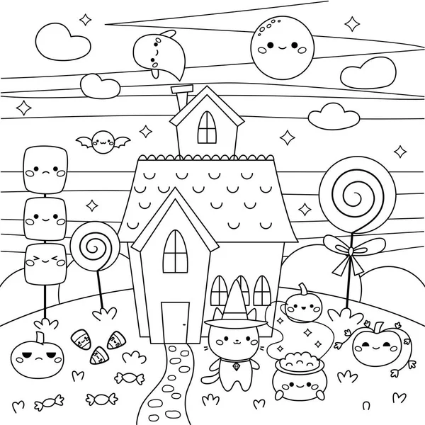 万圣节彩绘页面与鬼屋 Kawaii猫 糖果和南瓜 卡通人物 有可爱脸蛋的糖果儿童彩色书 矢量说明 — 图库矢量图片