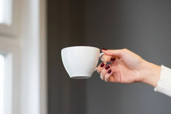Mockup Female Hand Holding Coffee Cup Office Background — Stock Photo, Image