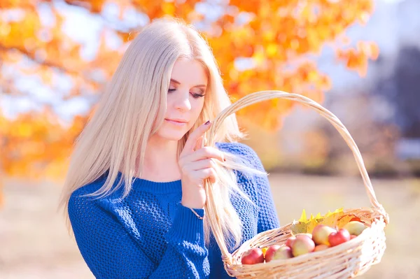 Girl with basket full of apples outdoors — Stock Photo, Image