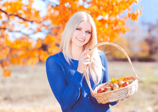 Chica con cesta llena de manzanas al aire libre — Foto de Stock