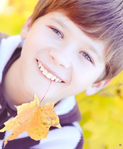 Child having fun with fallen leave — Stock Photo, Image