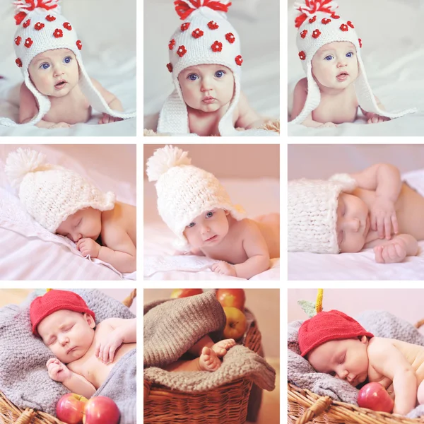 Kollázs a kilenc képek aranyos babák sapka kötés — Stock Fotó