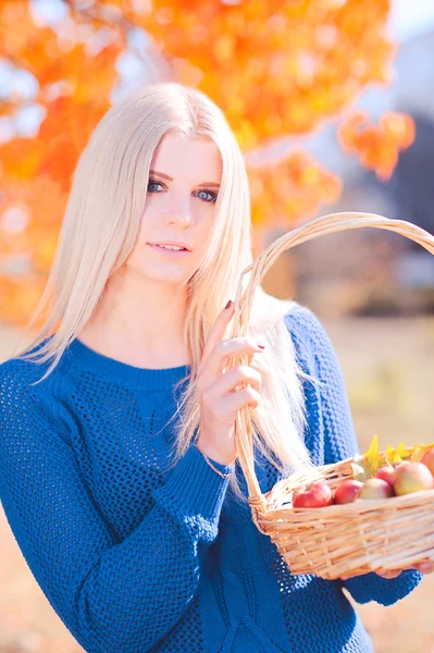 Girl with basket full of apples outdoors — Stock Photo, Image