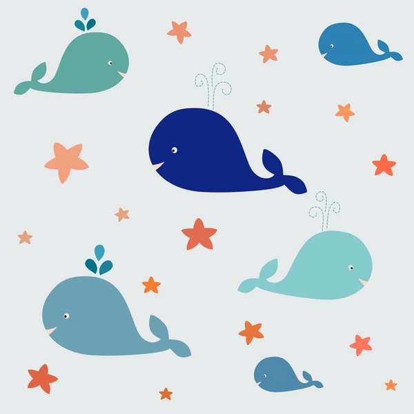 Cute whales with stars in vector — Stock Vector