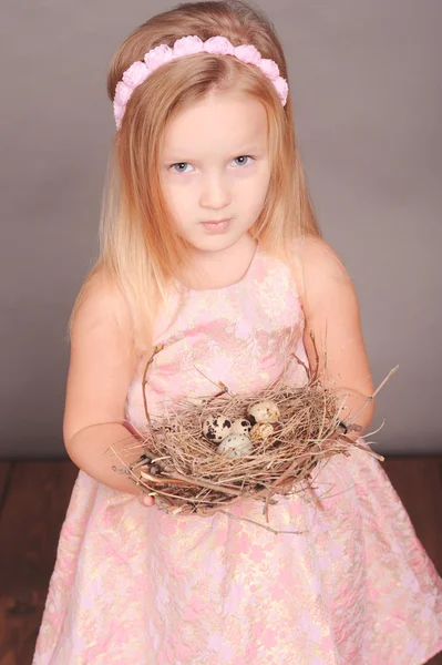 Cute girl holding nest — Stock Photo, Image