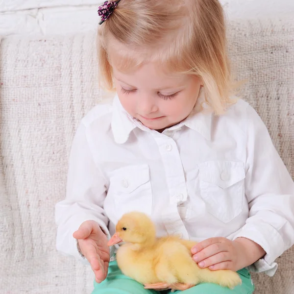 Girl sitting with duckling — Stock Photo, Image