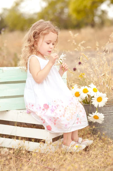 Girl sitting on boxes in meadow — Stock Photo, Image