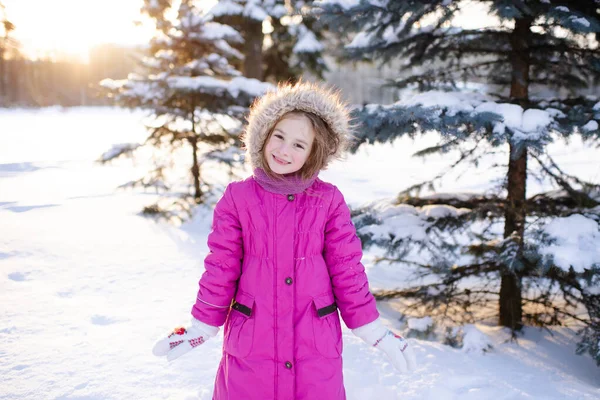 Smiling Kid Girl Year Old Wear Pink Winter Jacket Snowy — Stock Photo, Image