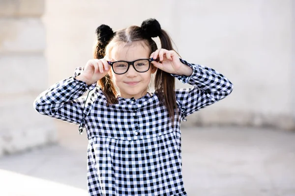 Cute Little Pupil Girl Year Old Wear Glasses Casual Stylish — стоковое фото