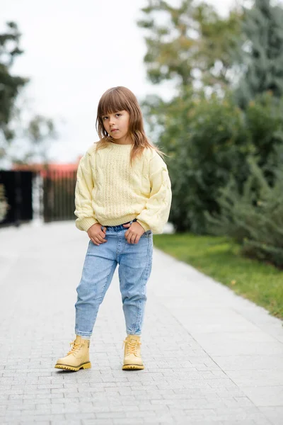 Stylish Kid Girl Year Old Wear Trendy Casual Sweater Jeans — Stock Photo, Image