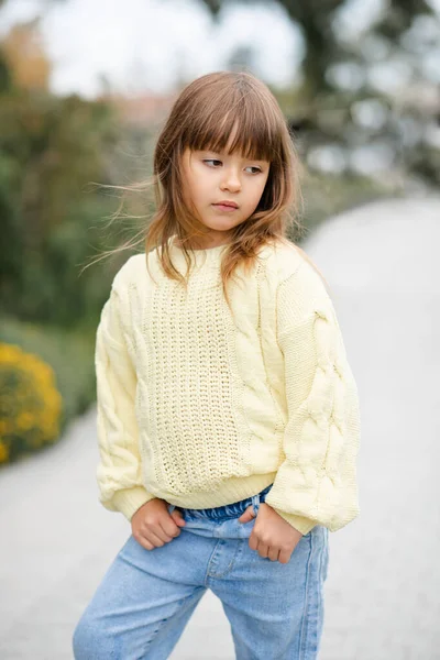 Stylish Kid Girl Year Old Wear Trendy Casual Sweater Jeans — Stock Photo, Image