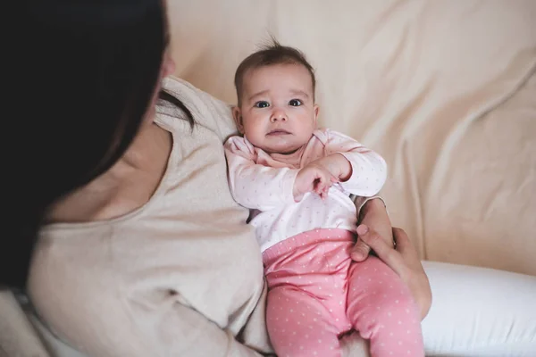 Woman Holding Baby Wear Pajamas Lying Mother Hand Crying Sad — Stock Photo, Image