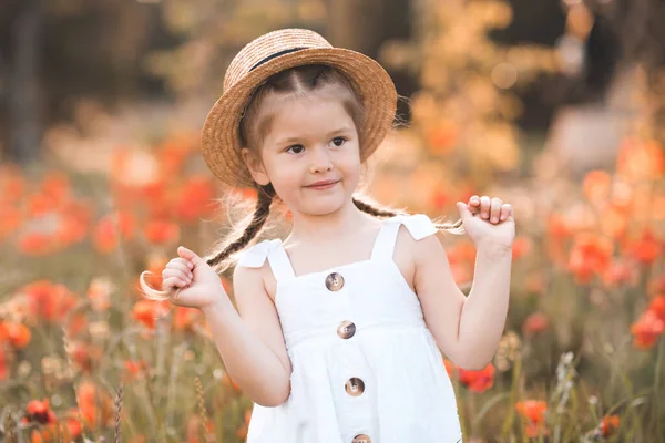 Smiling Baby Girl Year Old Wear Straw Hat White Rustic — Stock Photo, Image