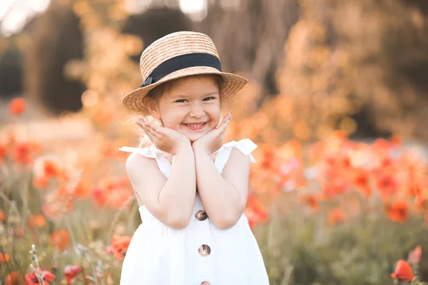Χαριτωμένο Αστείο Κοριτσάκι Ετών Φορούν Ψάθινο Καπέλο Και Λευκό Φόρεμα Royalty Free Εικόνες Αρχείου