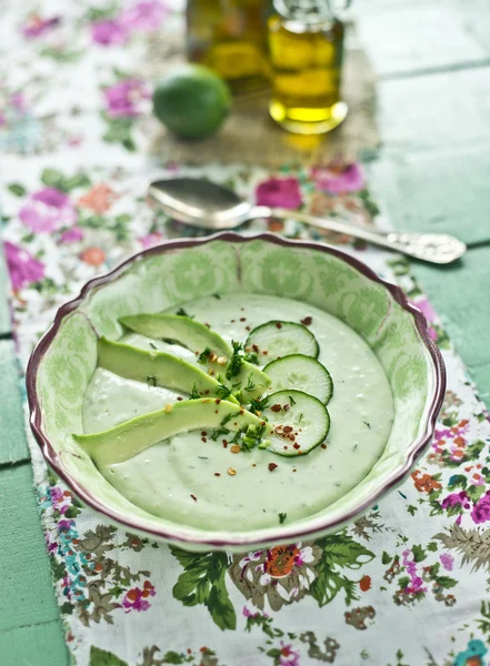 Cold soup with cucumber and avocado — Stock Photo, Image