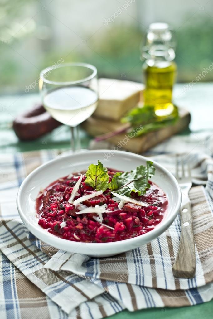 Risotto with beetrootand chorizo
