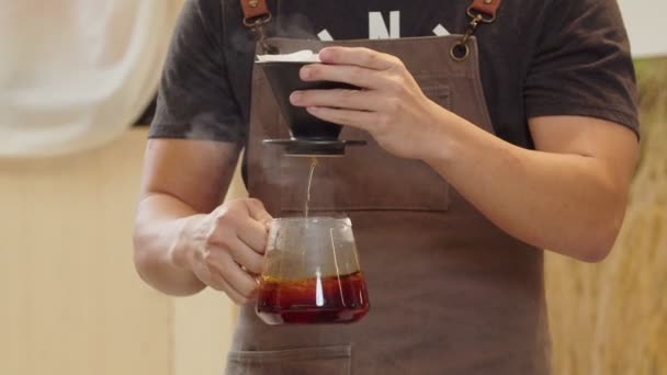 Professional Barista Pours Water Coffee Grounds Filter Manual Process Shot — Stockvideo