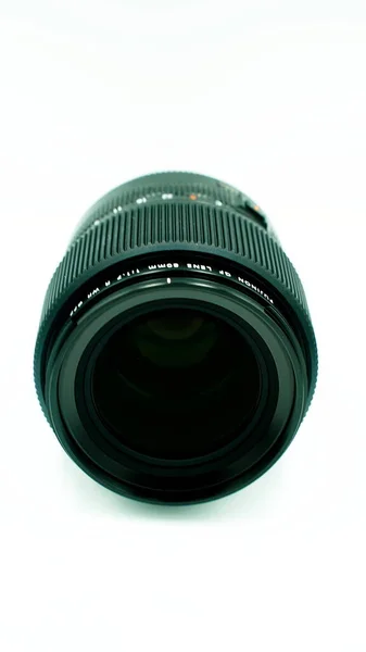 Obiektyw Fujifilm Jest Czarny Białe Tło Makro Obiektyw Aparatu Średniej — Zdjęcie stockowe