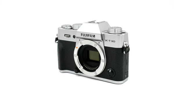 Caixa Câmara Sem Espelho Fujifilm T30 Mark Prateada Sobre Fundo — Fotografia de Stock