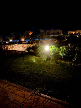 Sharm el Sheikh, Mısır 'daki palmiye ağaçları ve binalar. Alt manzara. Afrika 'nın yapısı ve doğası.