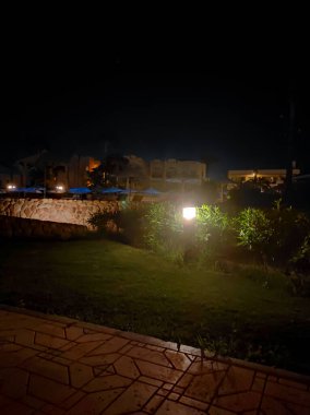 Sharm el Sheikh, Mısır 'daki palmiye ağaçları ve binalar. Alt manzara. Afrika 'nın yapısı ve doğası.