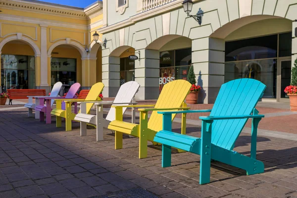 September 2021 Russia Petersburg Outlet Village Store Multicolored Wooden Benches — Stock Photo, Image