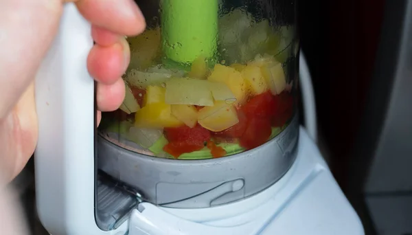 Man Turns Combined Steamer Blender Cooking Vegetables Kid — Stock Photo, Image
