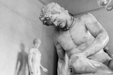 İtalya 'daki bir müzede çıplak adamları temsil eden antik Roma heykellerinin siyah beyaz fotoğrafı.