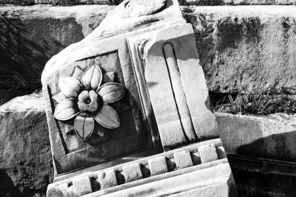 Czarno Białe Zdjęcie Zdobionego Kawałka Starożytnej Kolumny Marmuru Forum Rzymskim — Zdjęcie stockowe