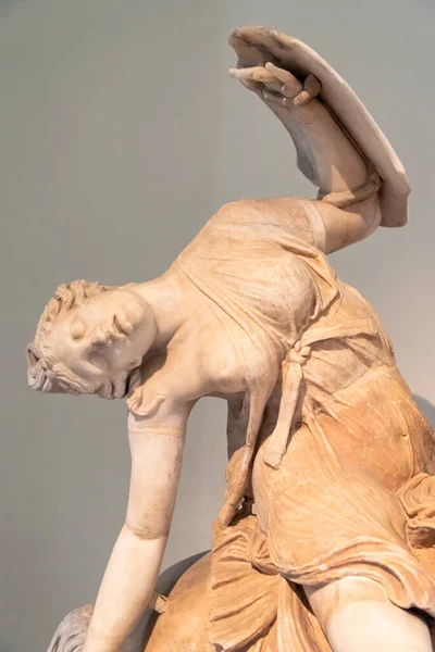Close Ancient Marble Statue Representing Hurt Female Warrior Holding Shield — Stock Fotó