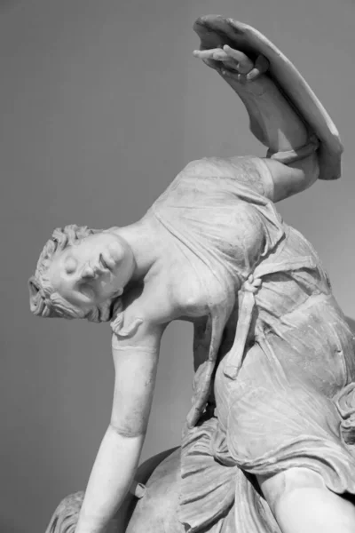 Close Ancient Marble Statue Representing Hurt Female Warrior Holding Shield — Foto Stock