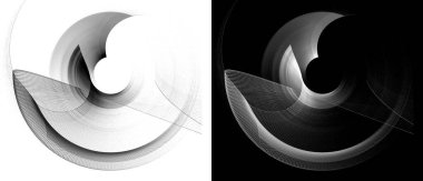 Tek renkli çizgili soyut kavisli pervaneler beyaz ve siyah arka planlar üzerinde döner. Grafik tasarım ögeleri ayarlandı. Logo, sembol, işaret, simge. 3D görüntüleme. 3d illüstrasyon. 