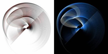 Düz ve kavisli, mavi ve gri çizgili elementler beyaz ve siyah arka planlar üzerinde döner. Grafik tasarım ögeleri ayarlandı. Logo, sembol, işaret, simge. 3D görüntüleme. 3d illüstrasyon.