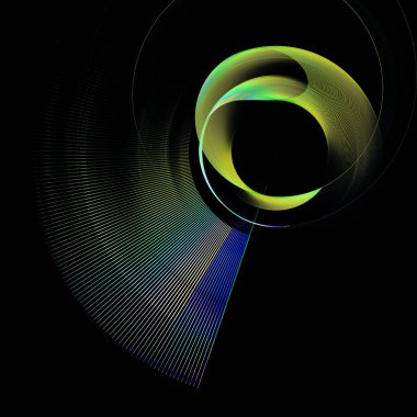 Düz mavi bir pervane bıçağı dalgalı sarı bir elementin etrafında siyah bir arkaplan etrafında döner. Grafik tasarım elementi. Logo, sembol, işaret, simge. 3D görüntüleme. 3d illüstrasyon.