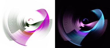 Renkli çizgili kıvrımlı soyut pervaneler beyaz ve siyah arka planlar üzerinde döner. Grafik tasarım ögeleri ayarlandı. Logo, sembol, işaret, simge. 3D görüntüleme. 3d illüstrasyon.