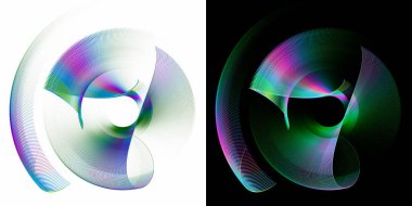 Güzel kıvrımlı gökkuşağı elementleri beyaz ve siyah arka planlar üzerinde katmanlanmış ve döndürülmüştür. Grafik tasarım ögeleri ayarlandı. Logo, sembol, işaret, simge. 3D görüntüleme. 3d illüstrasyon.