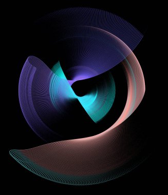 Renkli kıvrımlı çizgili soyut pervane elementleri siyah bir arkaplan üzerinde döner. Grafik tasarım elementi. Logo, sembol, işaret, simge. 3 boyutlu illüstrasyon. 3d oluşturma.