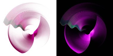 Kenarları boyunca yeşil çizgili Magenta dalgalı elementleri beyaz ve siyah arka planlar üzerinde katmanlanmış ve döndürülmüştür. Grafik tasarım ögeleri ayarlandı. Logo, işaret, sembol, simge. 3D görüntüleme. 3d illüstrasyon.