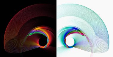 Renkli şeffaf kıvrımlı elementler beyaz ve siyah arka planlar üzerinde döner. İki soyut fraktal arka plan bir arada. 3D görüntüleme. 3d illüstrasyon.