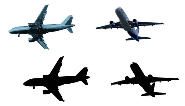 Aviões Passageiros Diferentes Ângulos Suas Silhuetas Aeronaves Isoladas Fundo Branco — Vetor de Stock