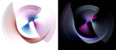 Mor ve mavi dalgalı soyut pervaneler beyaz ve siyah arka planlar üzerinde katmanlanıp döndürülürler. Grafik tasarım ögeleri ayarlandı. Logo, işaret, sembol, simge. 3D görüntüleme. 3d illüstrasyon.