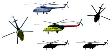 Helikopterler ve siluetleri beyaz arka planda izole edilmiş. İllüzyon. Vektör.