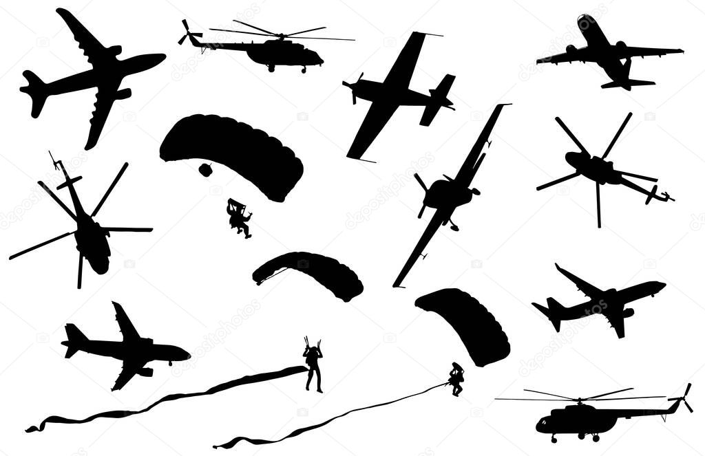Silhouettes of aircraft, helicopters and parachutists isolated on white background. Set of silhouettes of aviation equipment and parachutists for business and industry. Vector. Illustration.