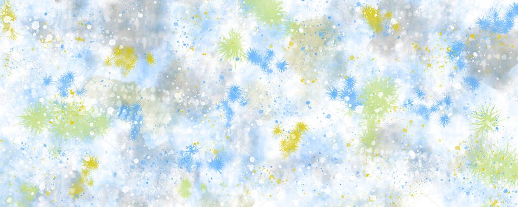 Delicate abstract wintry background with snowflakes, watercolor splashes and spots. Imitation of a drawing in watercolor. Illustration.
